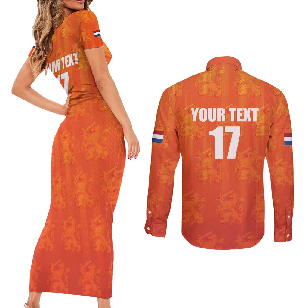Custom Netherlands Football Couples Matching Short Sleeve Bodycon Dress and Long Sleeve Button Shirt Oranje Go Champions