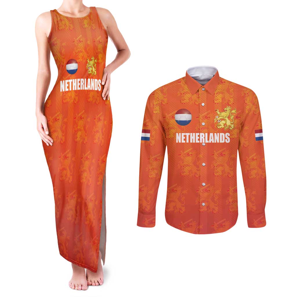 Custom Netherlands Football Couples Matching Tank Maxi Dress and Long Sleeve Button Shirt Oranje Go Champions