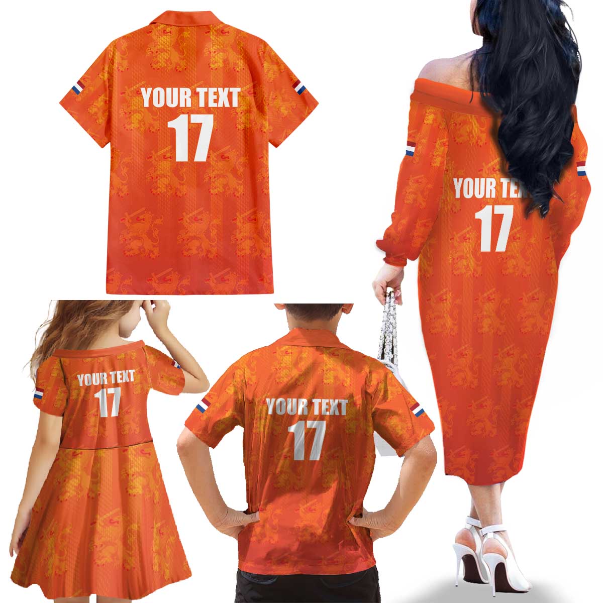 Custom Netherlands Football Family Matching Off The Shoulder Long Sleeve Dress and Hawaiian Shirt Oranje Go Champions
