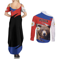 Russia Brown Bear and Chamomile Flower Couples Matching Summer Maxi Dress and Long Sleeve Button Shirt