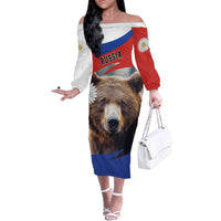 Russia Brown Bear and Chamomile Flower Family Matching Off The Shoulder Long Sleeve Dress and Hawaiian Shirt