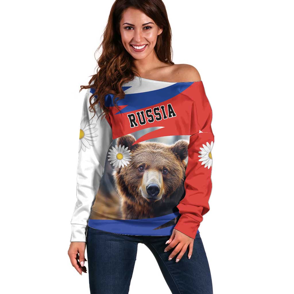 Russia Brown Bear and Chamomile Flower Off Shoulder Sweater LT17 - Wonder Print Shop