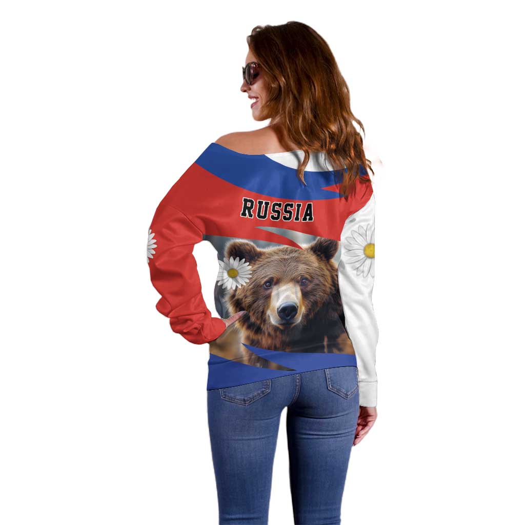 Russia Brown Bear and Chamomile Flower Off Shoulder Sweater LT17 - Wonder Print Shop