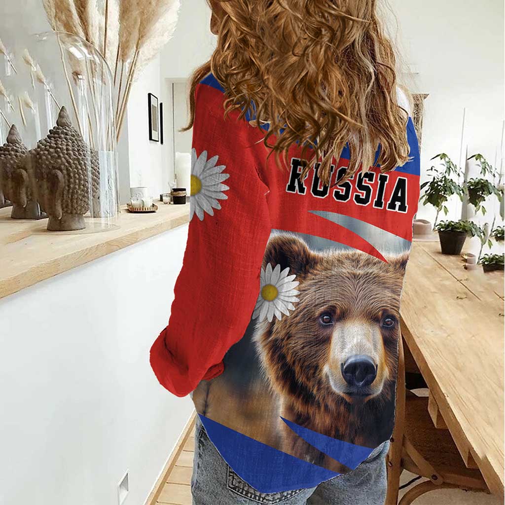 Russia Brown Bear and Chamomile Flower Women Casual Shirt LT17 - Wonder Print Shop