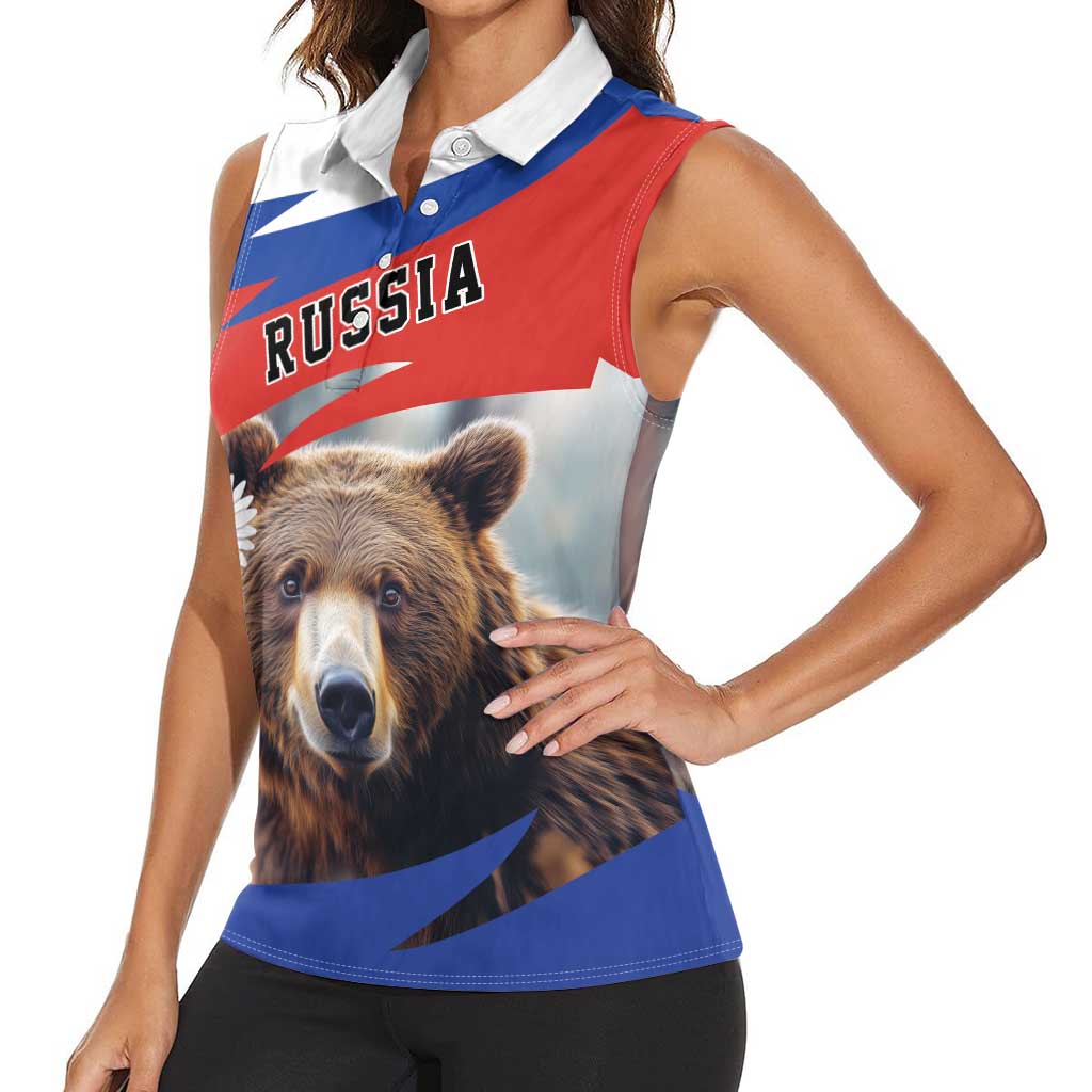 Russia Brown Bear and Chamomile Flower Women Sleeveless Polo Shirt LT17 - Wonder Print Shop