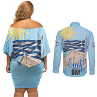 Greece Independence Day Couples Matching Off Shoulder Short Dress and Long Sleeve Button Shirt 25th March Vergina Sun