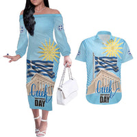 Greece Independence Day Couples Matching Off The Shoulder Long Sleeve Dress and Hawaiian Shirt 25th March Vergina Sun