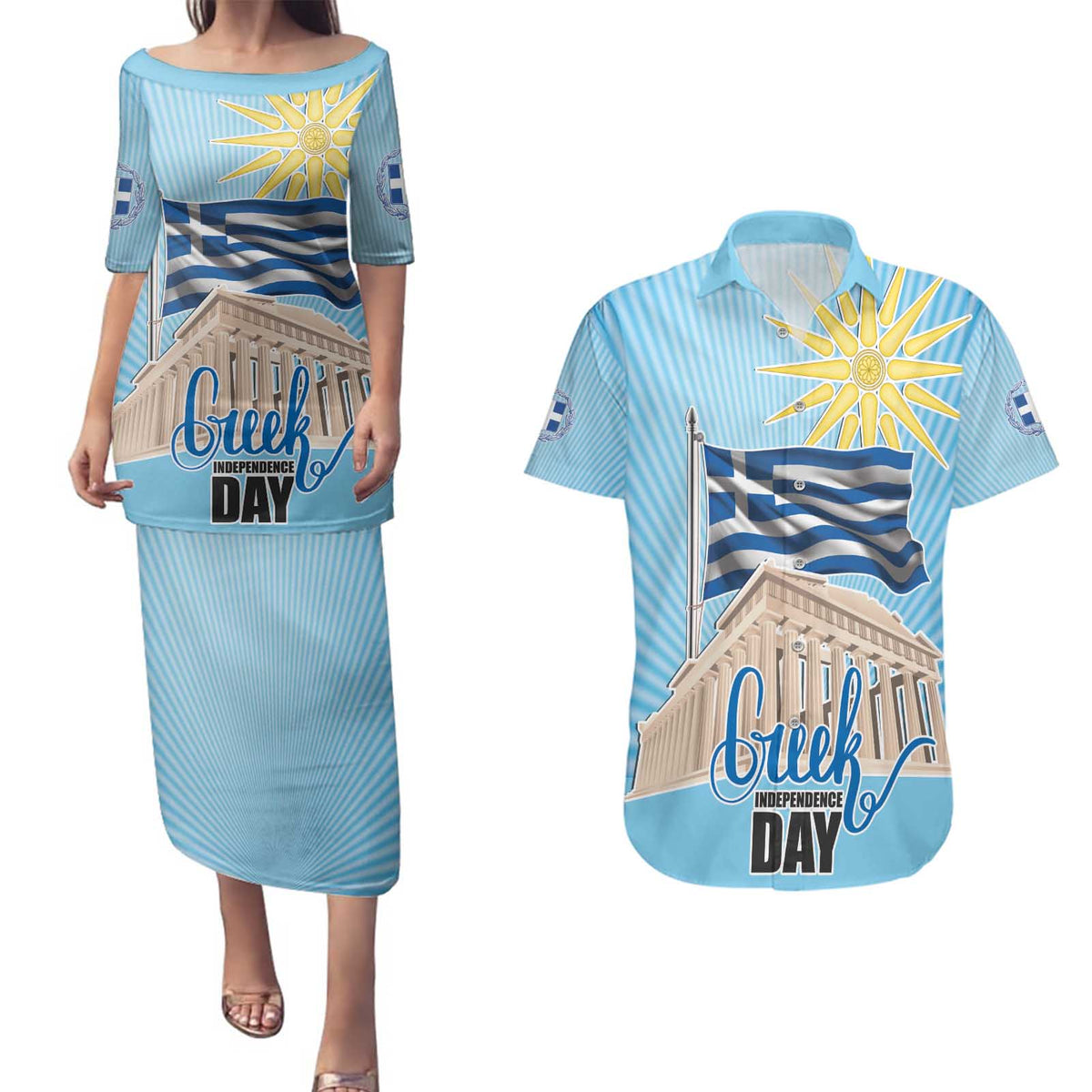 Greece Independence Day Couples Matching Puletasi and Hawaiian Shirt 25th March Vergina Sun