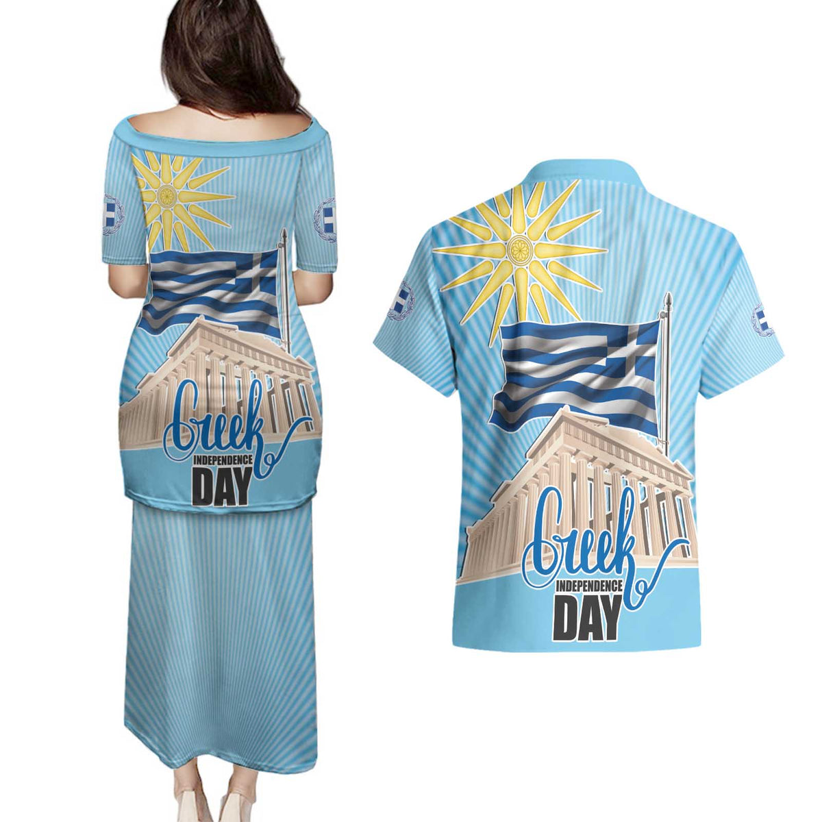 Greece Independence Day Couples Matching Puletasi and Hawaiian Shirt 25th March Vergina Sun