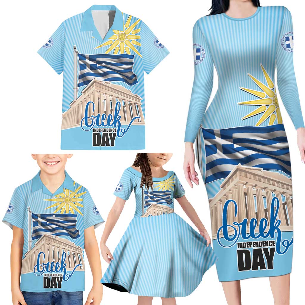 Greece Independence Day Family Matching Long Sleeve Bodycon Dress and Hawaiian Shirt 25th March Vergina Sun