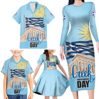 Greece Independence Day Family Matching Long Sleeve Bodycon Dress and Hawaiian Shirt 25th March Vergina Sun