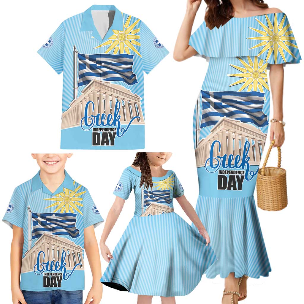 Greece Independence Day Family Matching Mermaid Dress and Hawaiian Shirt 25th March Vergina Sun