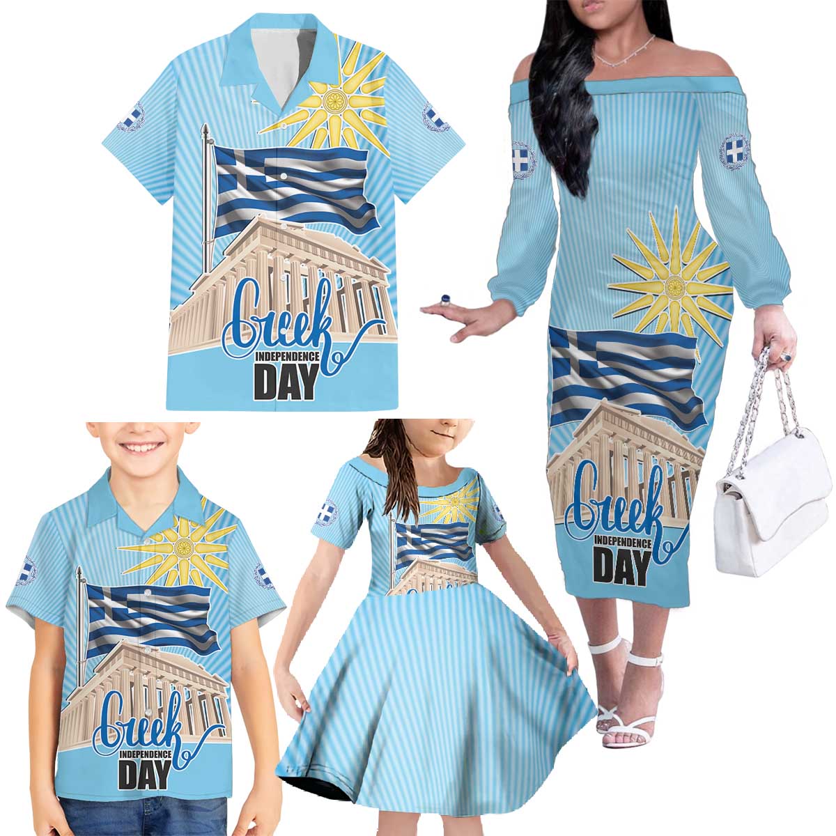 Greece Independence Day Family Matching Off The Shoulder Long Sleeve Dress and Hawaiian Shirt 25th March Vergina Sun