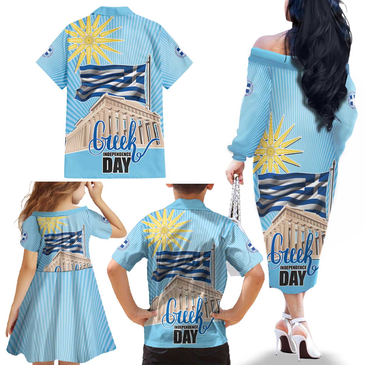 Greece Independence Day Family Matching Off The Shoulder Long Sleeve Dress and Hawaiian Shirt 25th March Vergina Sun