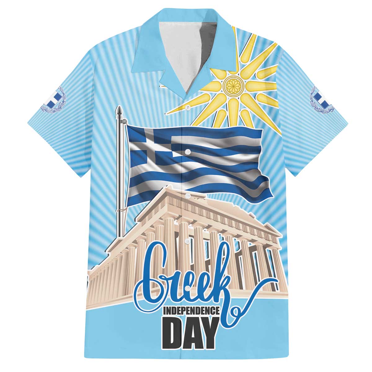Greece Independence Day Family Matching Off The Shoulder Long Sleeve Dress and Hawaiian Shirt 25th March Vergina Sun