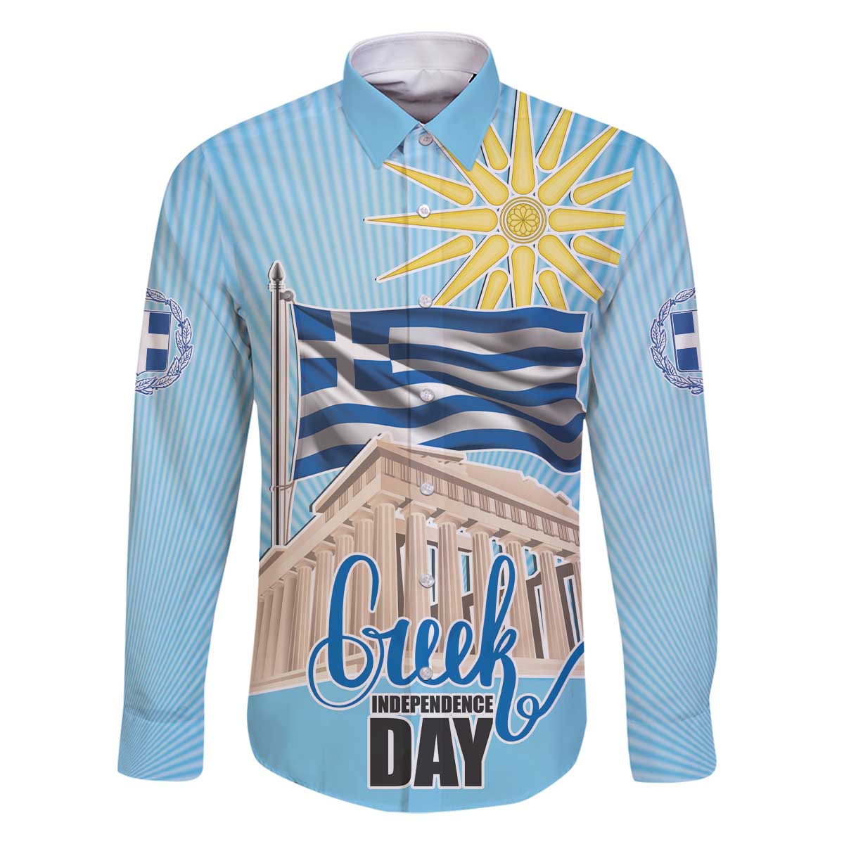 Greece Independence Day Family Matching Off The Shoulder Long Sleeve Dress and Hawaiian Shirt 25th March Vergina Sun