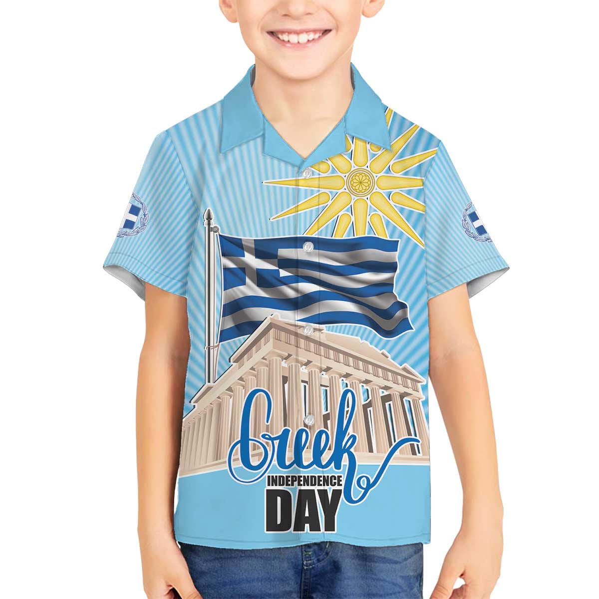 Greece Independence Day Family Matching Off The Shoulder Long Sleeve Dress and Hawaiian Shirt 25th March Vergina Sun