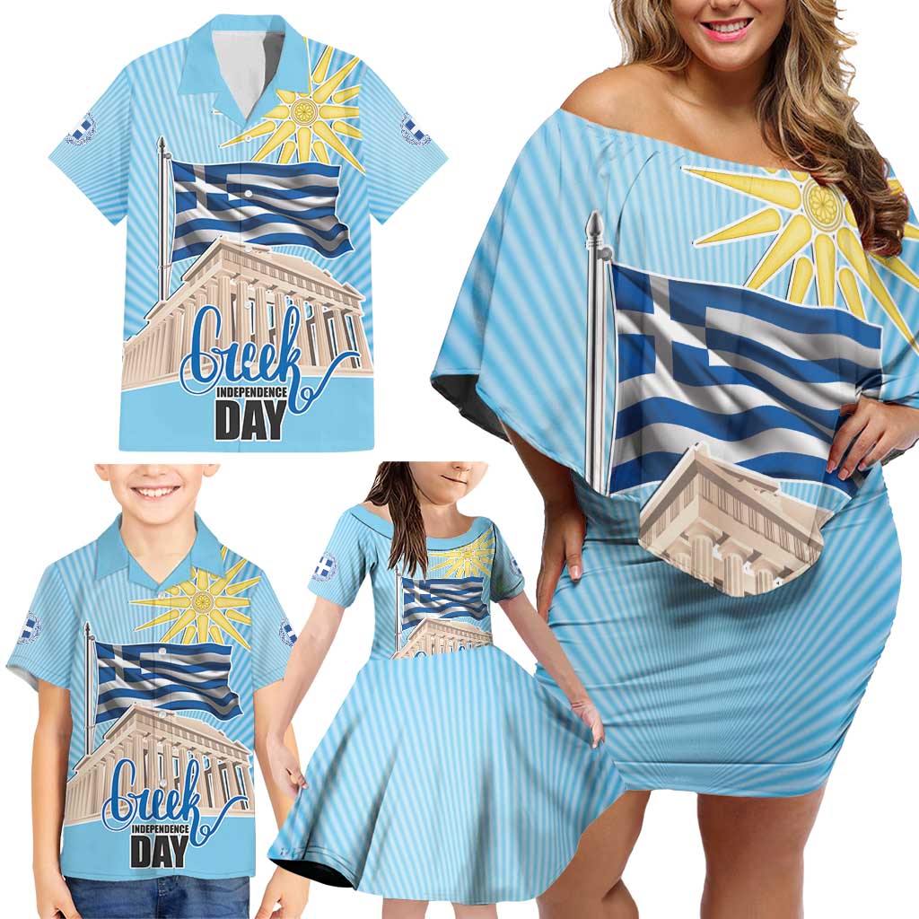 Greece Independence Day Family Matching Off Shoulder Short Dress and Hawaiian Shirt 25th March Vergina Sun