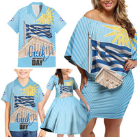 Greece Independence Day Family Matching Off Shoulder Short Dress and Hawaiian Shirt 25th March Vergina Sun