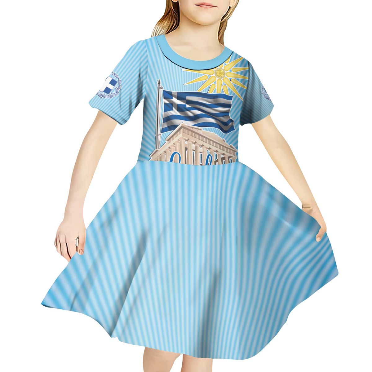 Greece Independence Day Kid Short Sleeve Dress 25th March Vergina Sun