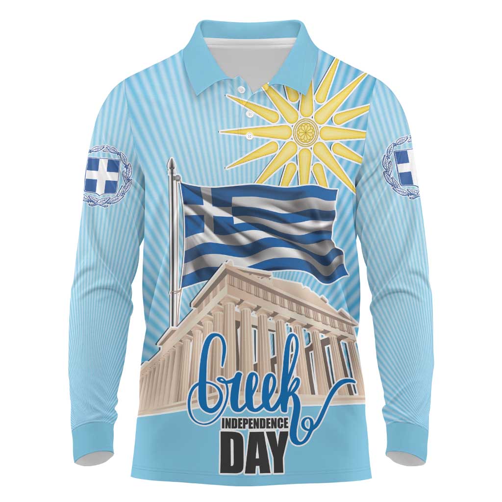 Greece Independence Day Long Sleeve Polo Shirt 25th March Vergina Sun