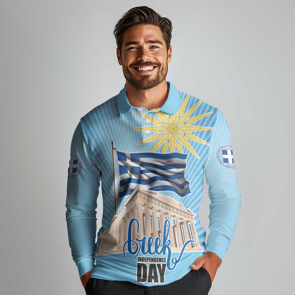 Greece Independence Day Long Sleeve Polo Shirt 25th March Vergina Sun