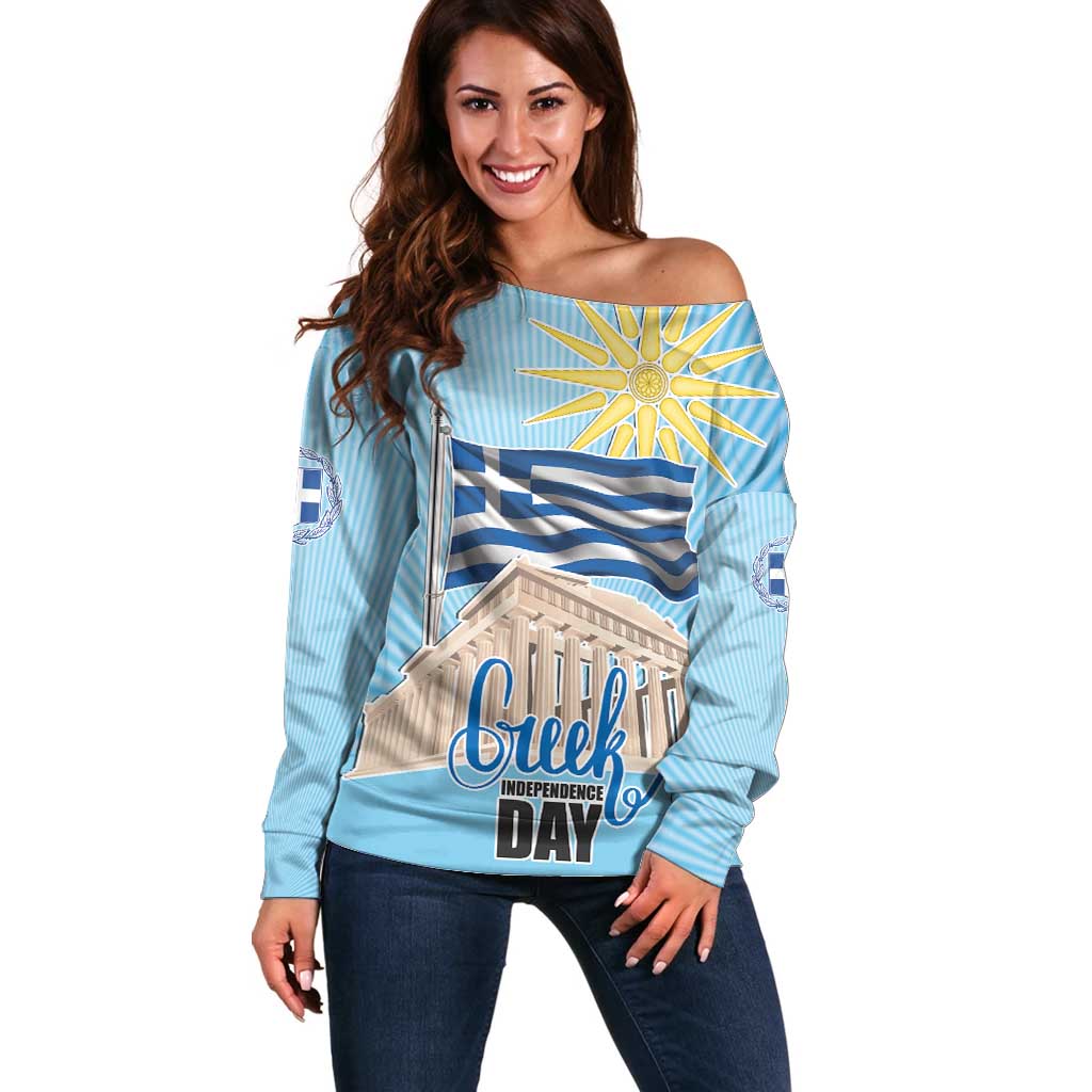 Greece Independence Day Off Shoulder Sweater 25th March Vergina Sun
