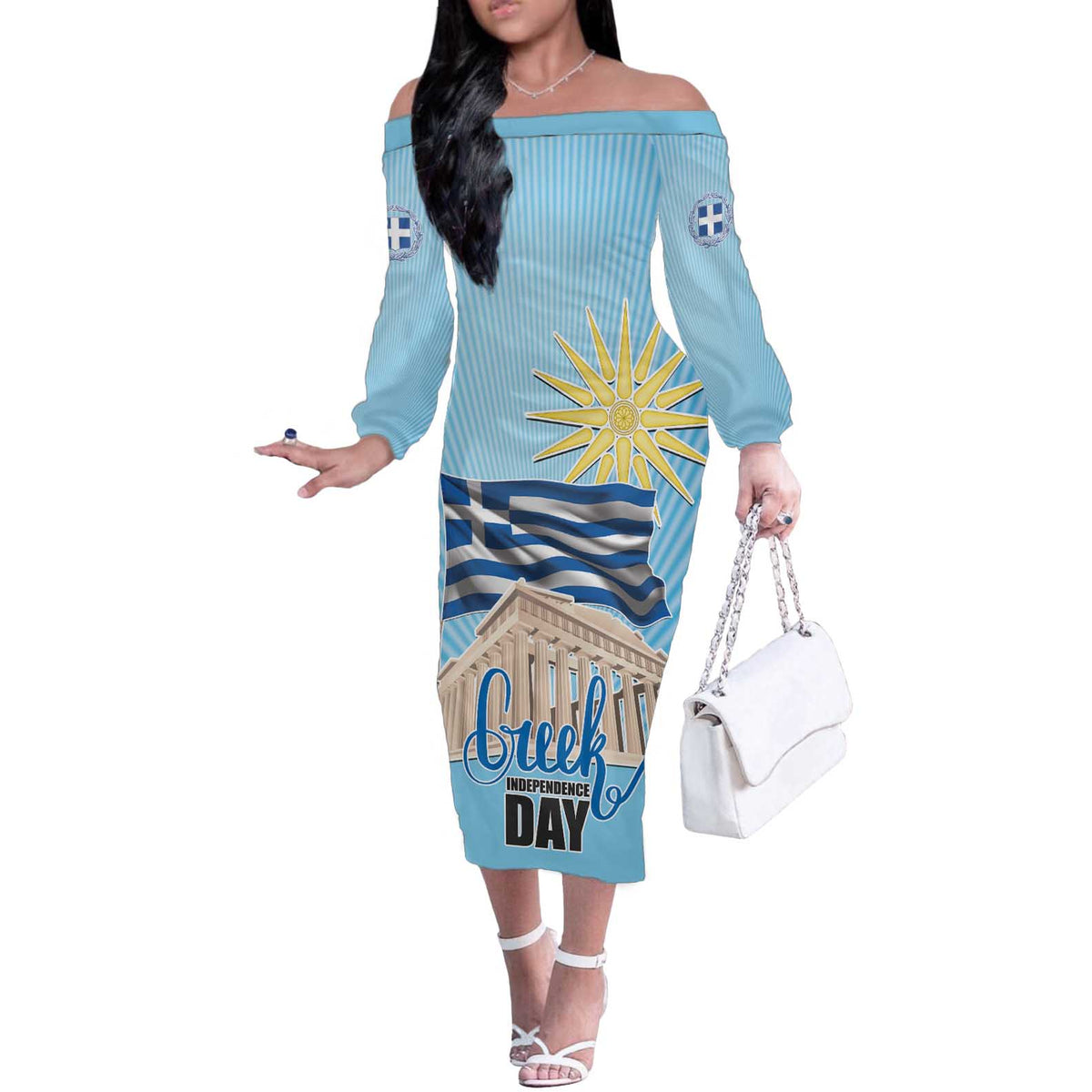 Greece Independence Day Off The Shoulder Long Sleeve Dress 25th March Vergina Sun