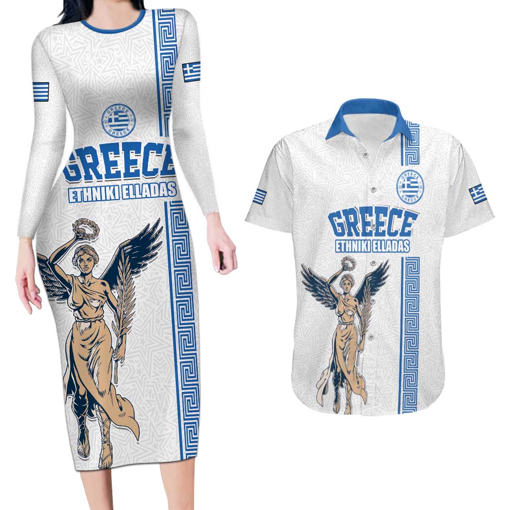 Custom Greece Football Champions Couples Matching Long Sleeve Bodycon Dress and Hawaiian Shirt Nike Goddess of Victory