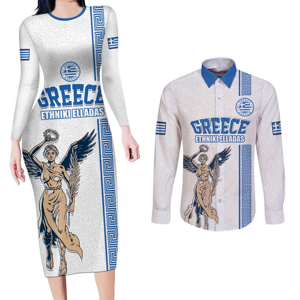 Custom Greece Football Champions Couples Matching Long Sleeve Bodycon Dress and Long Sleeve Button Shirt Nike Goddess of Victory