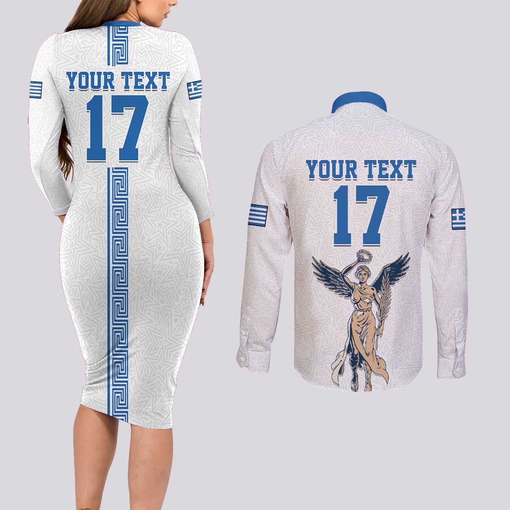 Custom Greece Football Champions Couples Matching Long Sleeve Bodycon Dress and Long Sleeve Button Shirt Nike Goddess of Victory