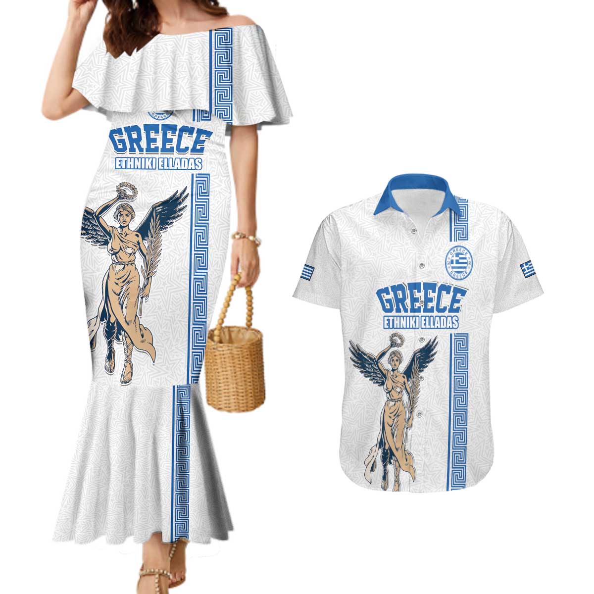 Custom Greece Football Champions Couples Matching Mermaid Dress and Hawaiian Shirt Nike Goddess of Victory