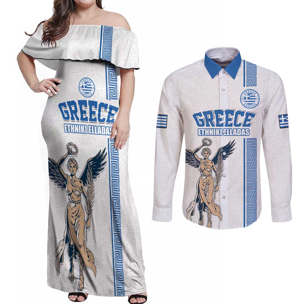 Custom Greece Football Champions Couples Matching Off Shoulder Maxi Dress and Long Sleeve Button Shirt Nike Goddess of Victory