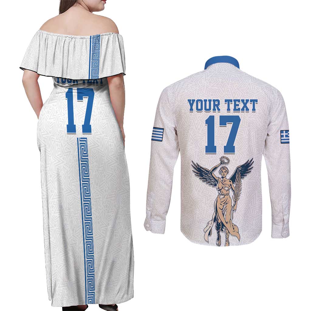 Custom Greece Football Champions Couples Matching Off Shoulder Maxi Dress and Long Sleeve Button Shirt Nike Goddess of Victory