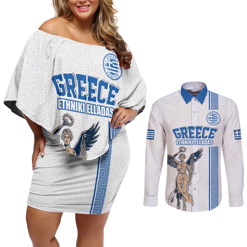 Custom Greece Football Champions Couples Matching Off Shoulder Short Dress and Long Sleeve Button Shirt Nike Goddess of Victory