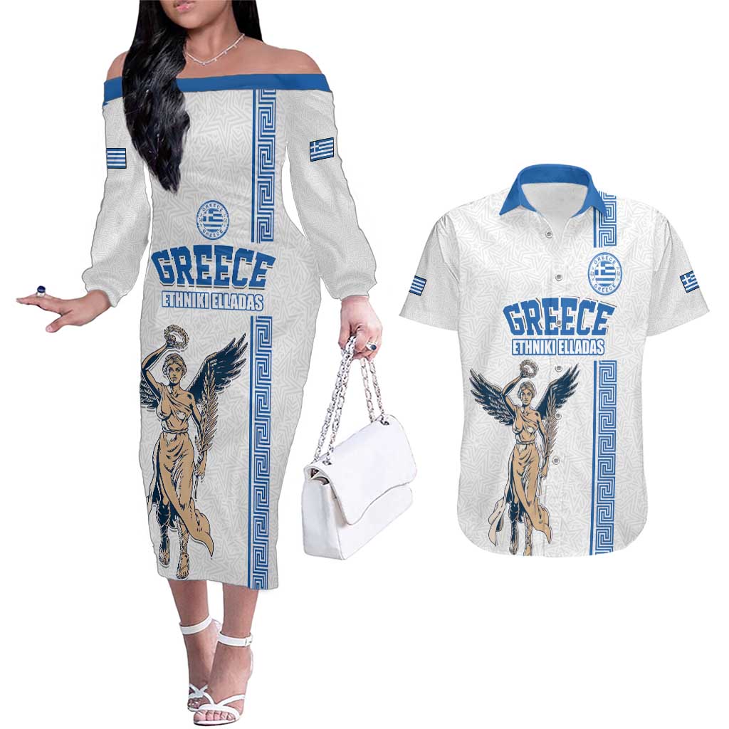 Custom Greece Football Champions Couples Matching Off The Shoulder Long Sleeve Dress and Hawaiian Shirt Nike Goddess of Victory