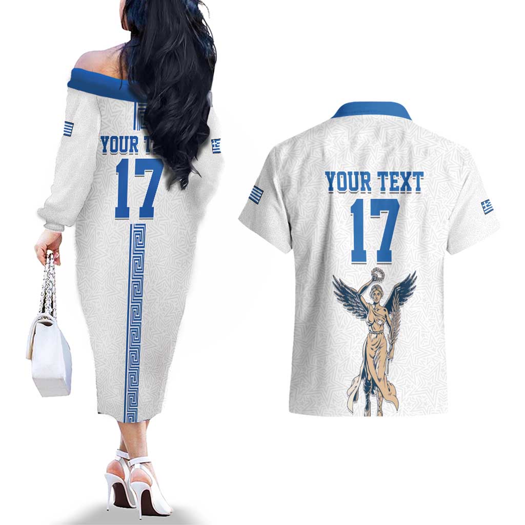 Custom Greece Football Champions Couples Matching Off The Shoulder Long Sleeve Dress and Hawaiian Shirt Nike Goddess of Victory