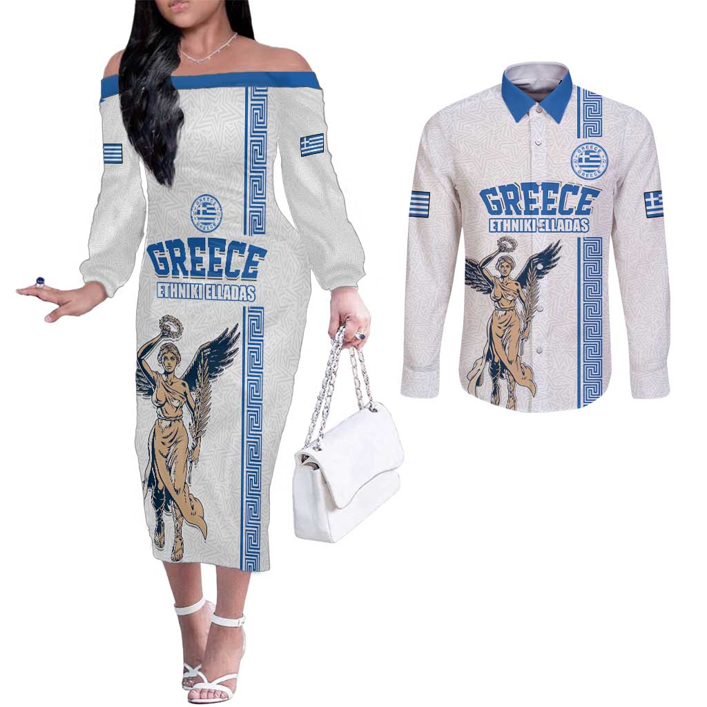 Custom Greece Football Champions Couples Matching Off The Shoulder Long Sleeve Dress and Long Sleeve Button Shirt Nike Goddess of Victory