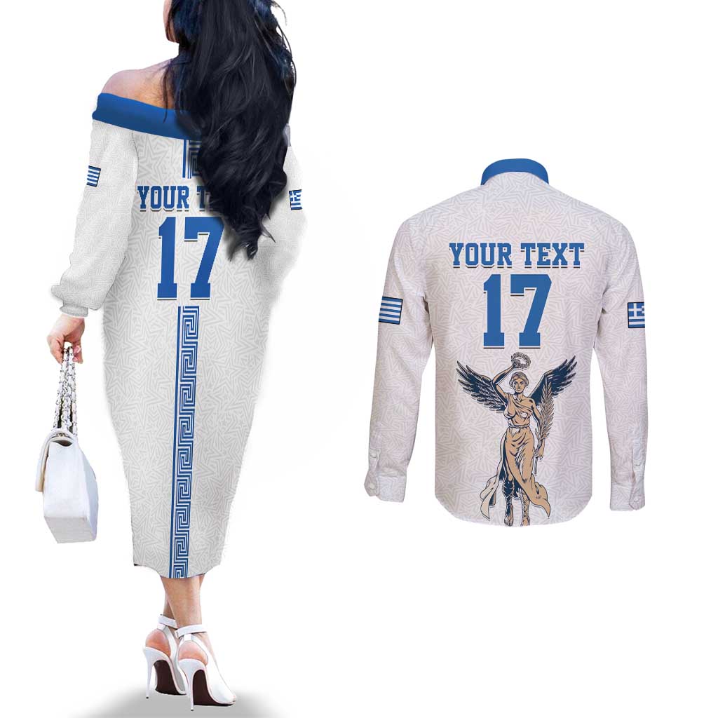 Custom Greece Football Champions Couples Matching Off The Shoulder Long Sleeve Dress and Long Sleeve Button Shirt Nike Goddess of Victory