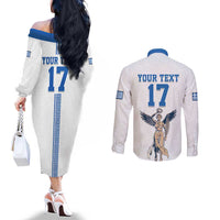 Custom Greece Football Champions Couples Matching Off The Shoulder Long Sleeve Dress and Long Sleeve Button Shirt Nike Goddess of Victory