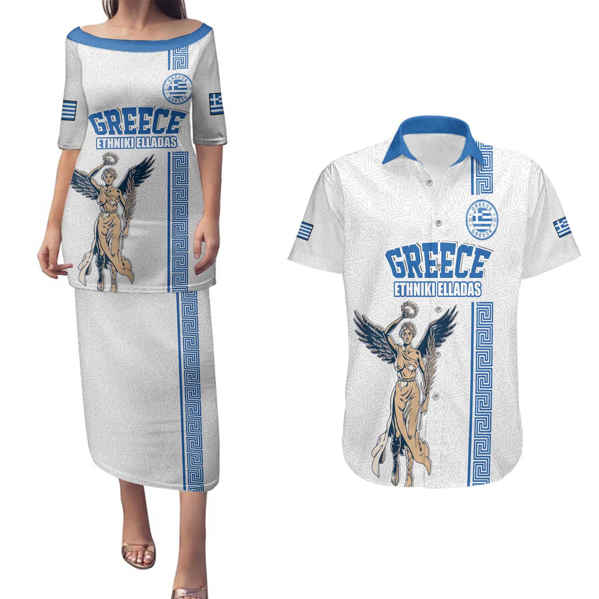 Custom Greece Football Champions Couples Matching Puletasi and Hawaiian Shirt Nike Goddess of Victory