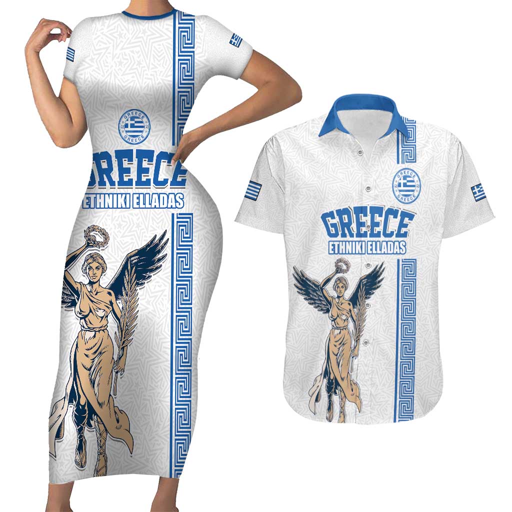 Custom Greece Football Champions Couples Matching Short Sleeve Bodycon Dress and Hawaiian Shirt Nike Goddess of Victory