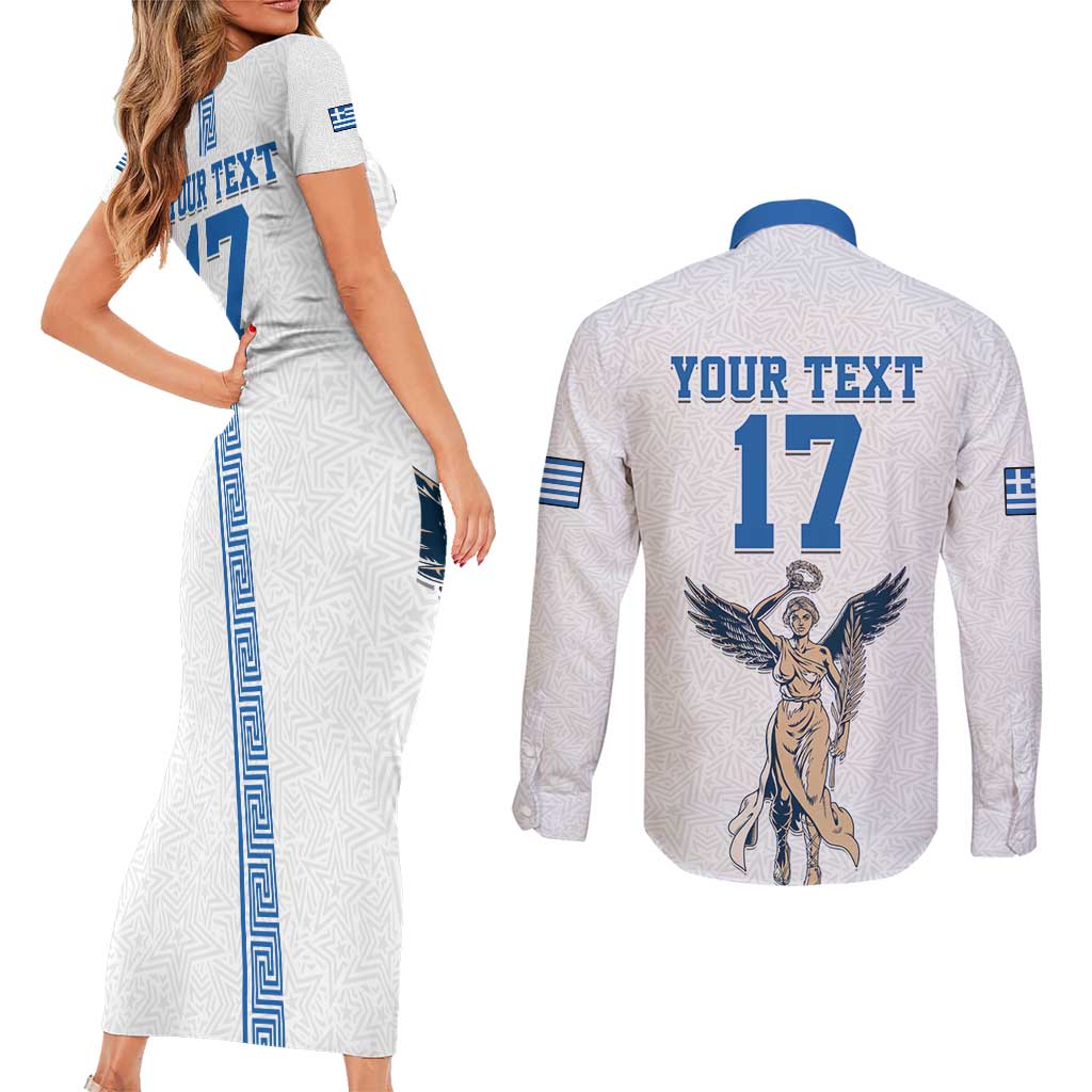 Custom Greece Football Champions Couples Matching Short Sleeve Bodycon Dress and Long Sleeve Button Shirt Nike Goddess of Victory
