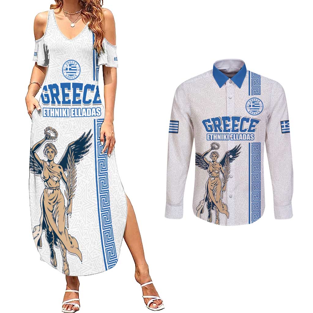 Custom Greece Football Champions Couples Matching Summer Maxi Dress and Long Sleeve Button Shirt Nike Goddess of Victory