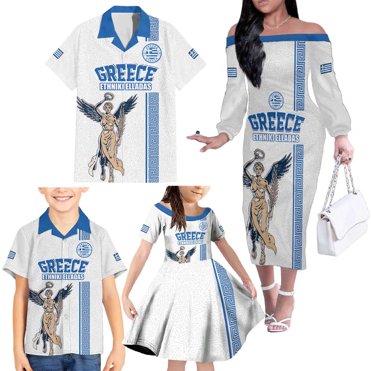 Custom Greece Football Champions Family Matching Off The Shoulder Long Sleeve Dress and Hawaiian Shirt Nike Goddess of Victory