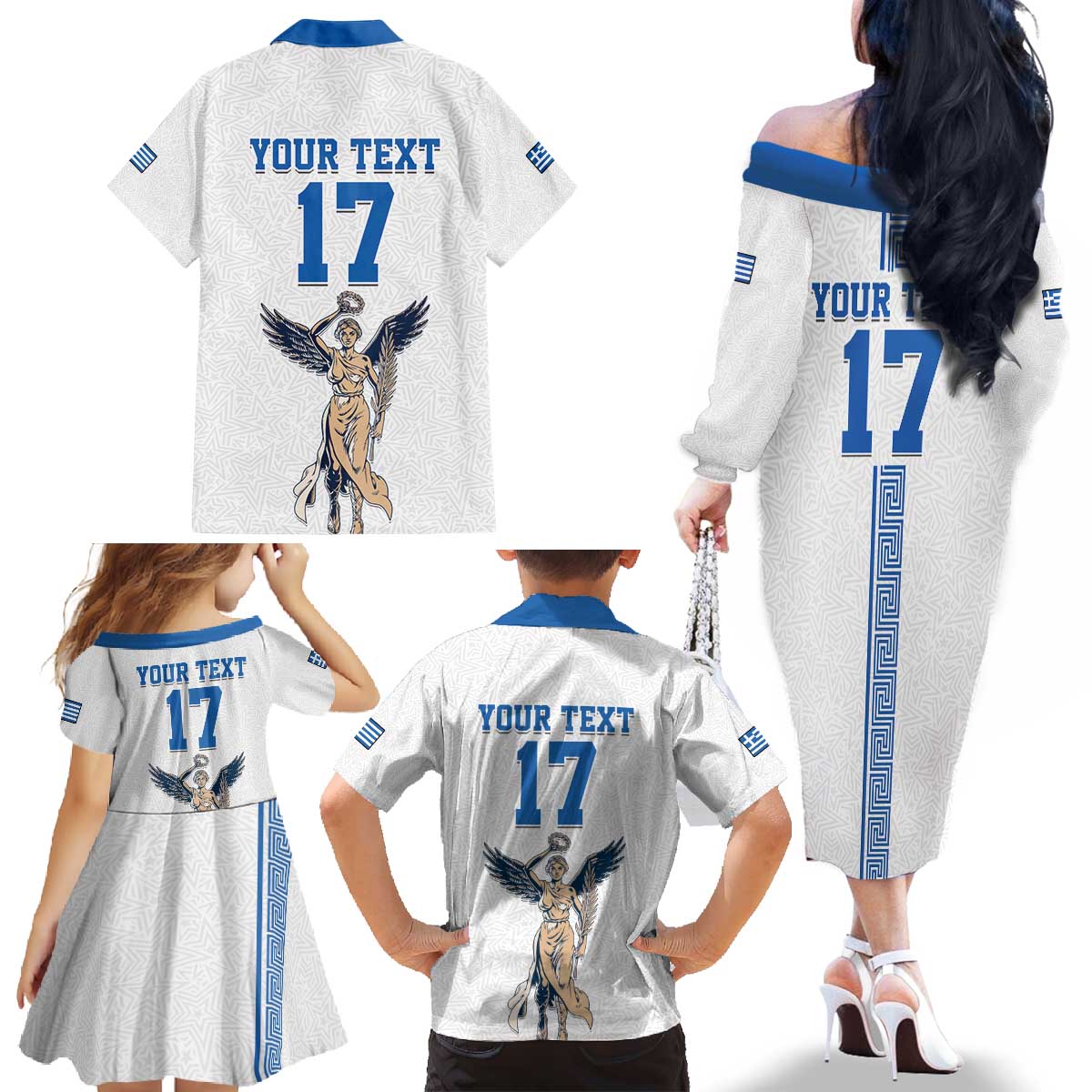 Custom Greece Football Champions Family Matching Off The Shoulder Long Sleeve Dress and Hawaiian Shirt Nike Goddess of Victory