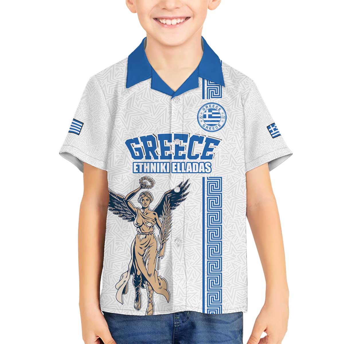 Custom Greece Football Champions Family Matching Off The Shoulder Long Sleeve Dress and Hawaiian Shirt Nike Goddess of Victory