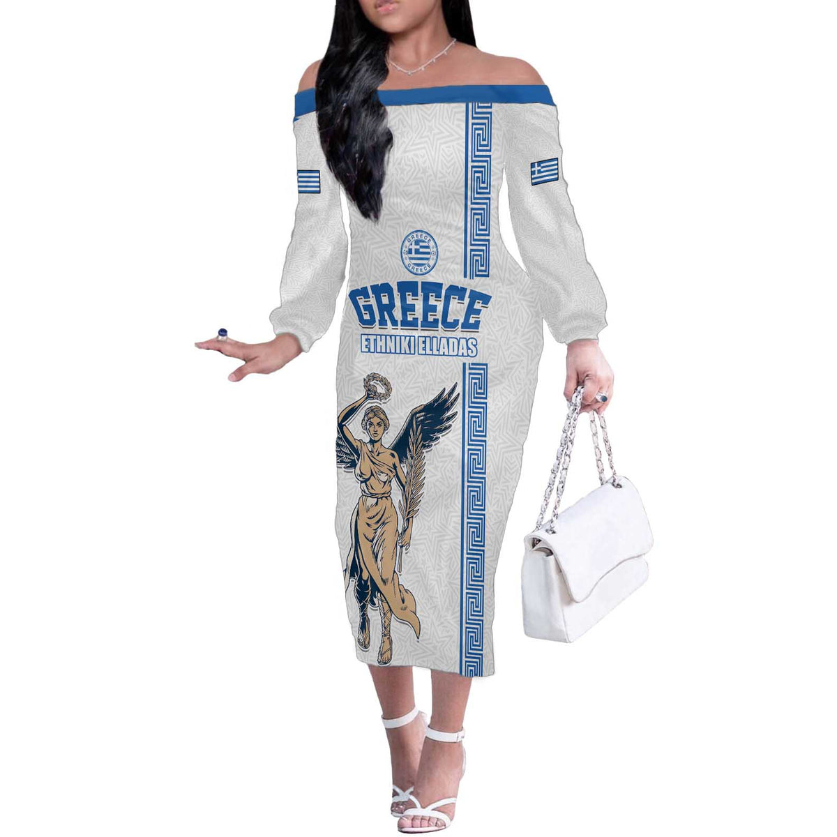 Custom Greece Football Champions Off The Shoulder Long Sleeve Dress Nike Goddess of Victory