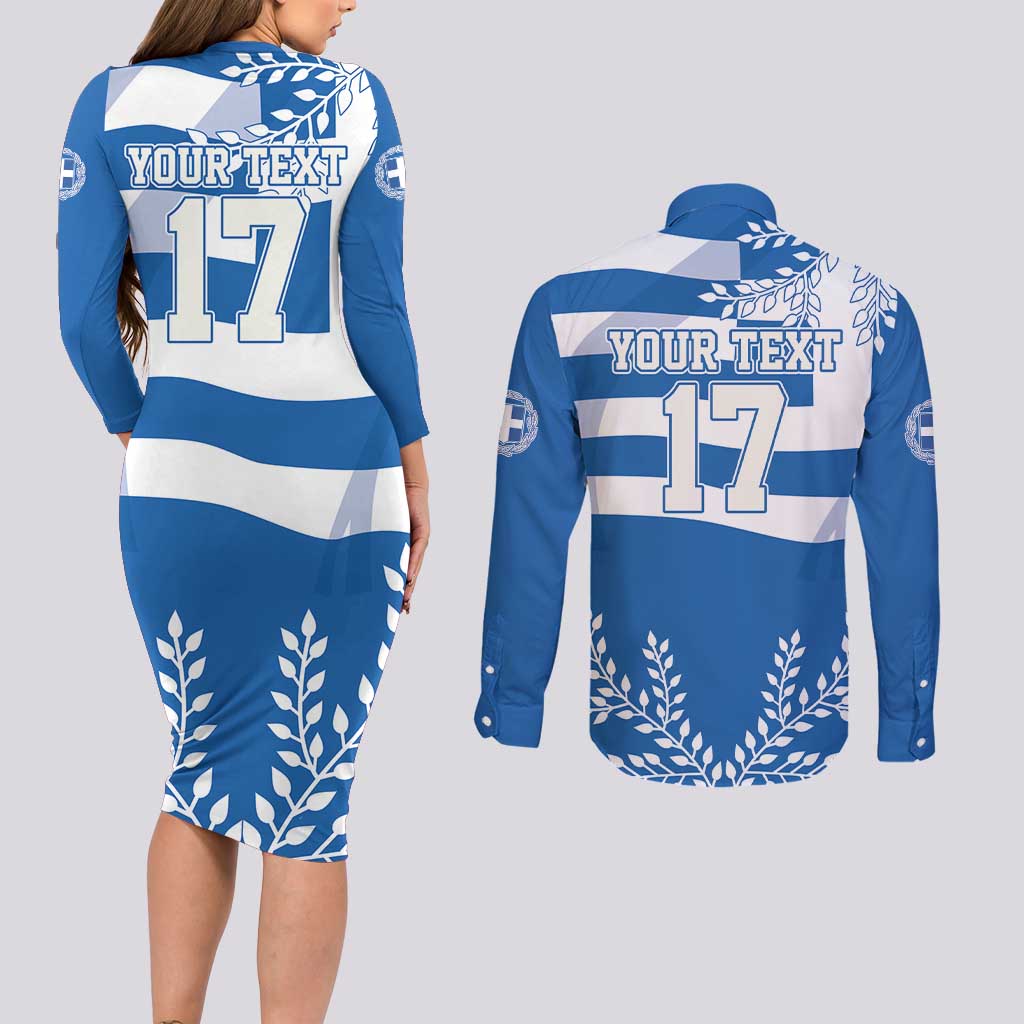 Custom Greece Basketball Couples Matching Long Sleeve Bodycon Dress and Long Sleeve Button Shirt Sporty Style with Laurel