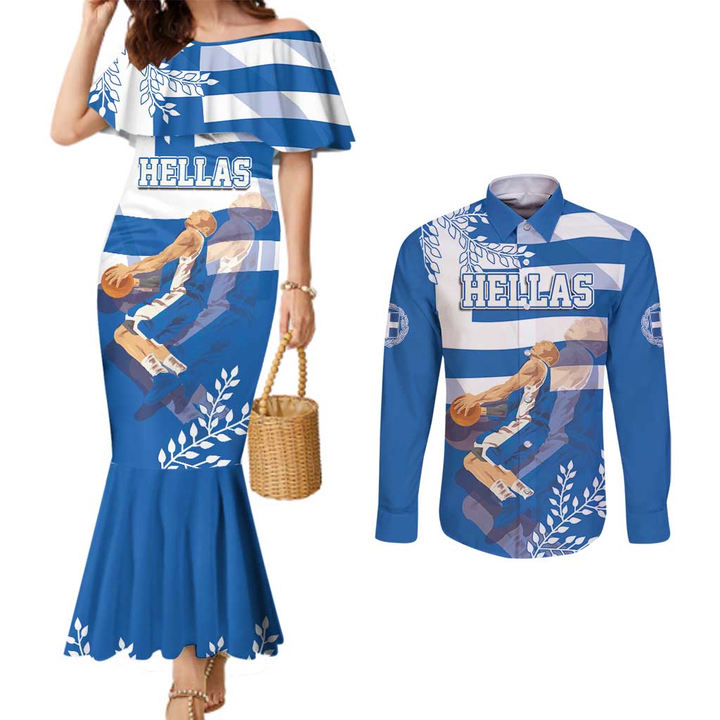 Custom Greece Basketball Couples Matching Mermaid Dress and Long Sleeve Button Shirt Sporty Style with Laurel